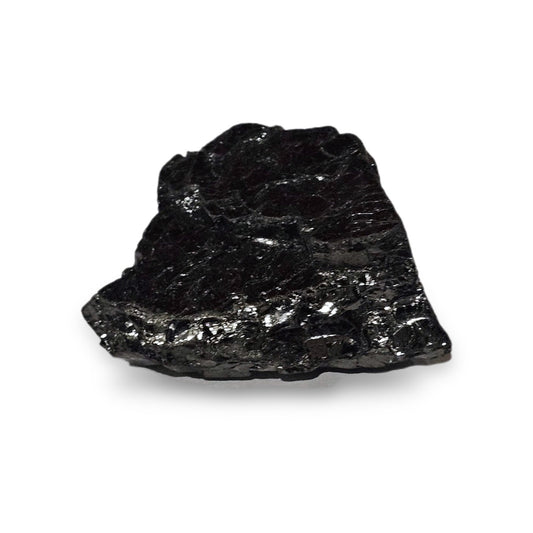 Elite shungite collector's nugget #26, 55 g, silvery metallic natural stone on a white background
