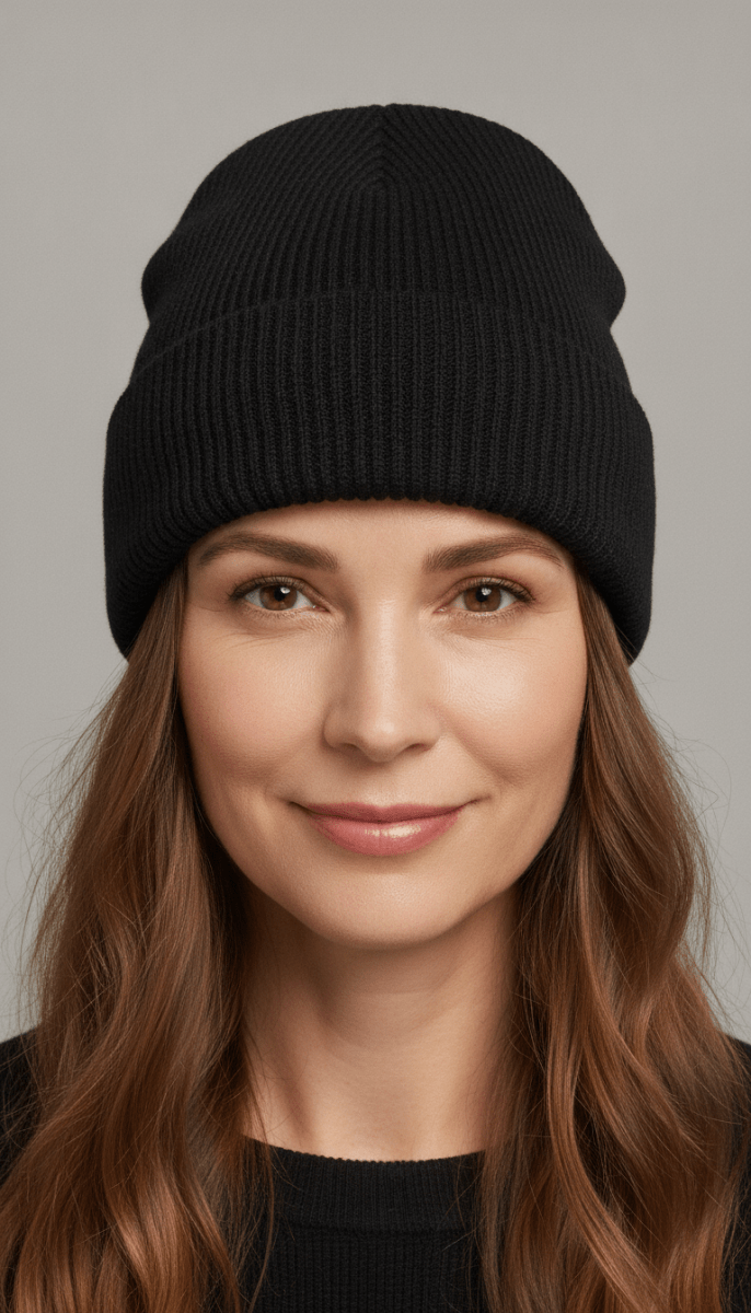 Woman wearing black cuff beanie as a black EMF beanie