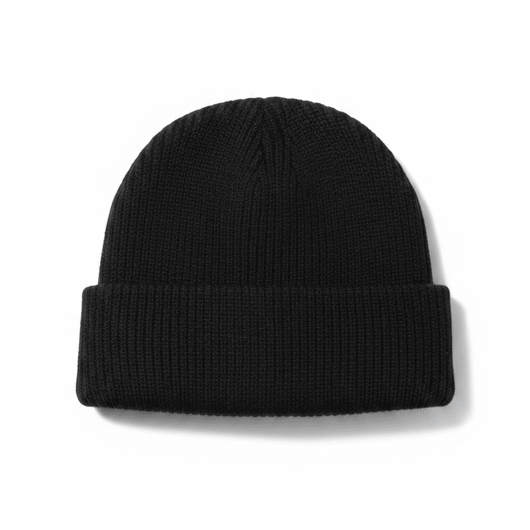 Black ribbed cuff beanie on white as a black EMF beanie