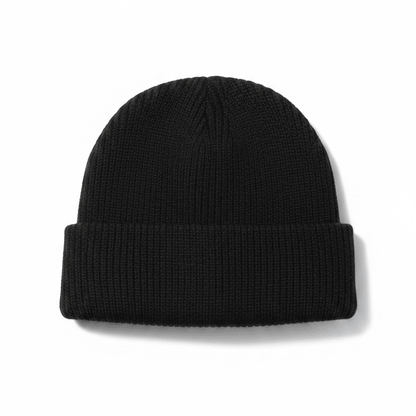 Black ribbed cuff beanie on white as a black EMF beanie