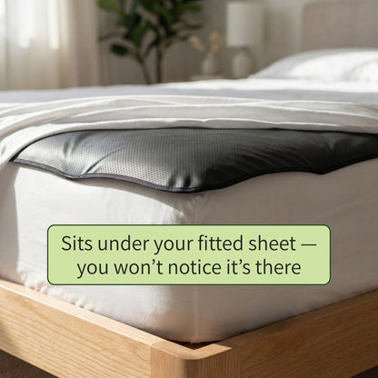 grounding mat close up on bed with text saying "fits under your sheet"