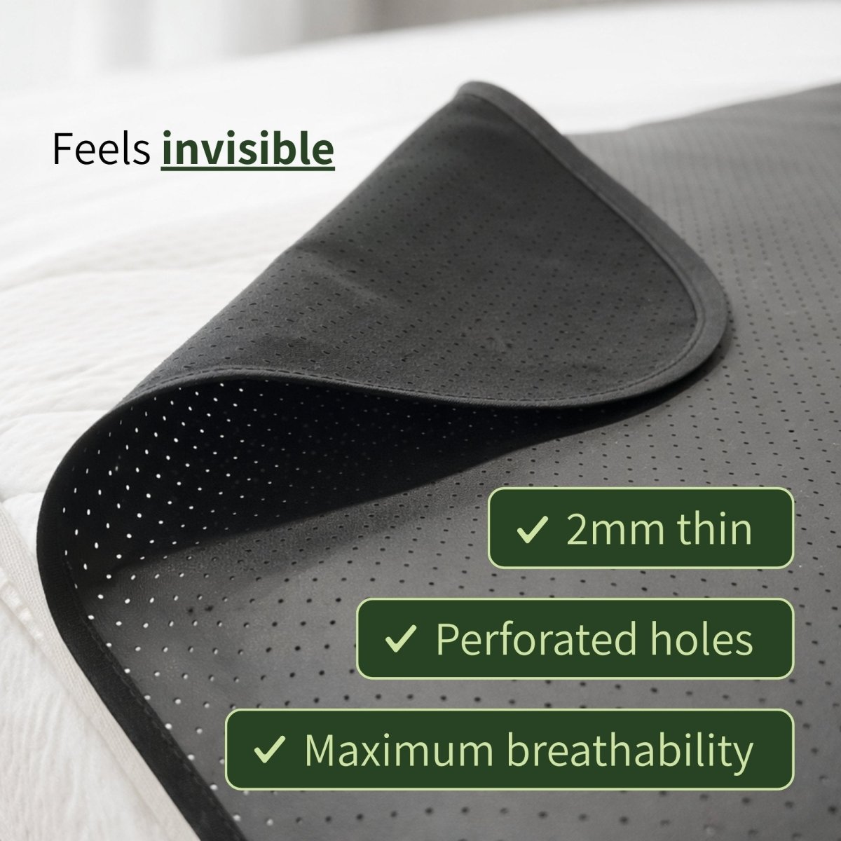  close up of the grounding mat on bed with test overlay "feels invisable"