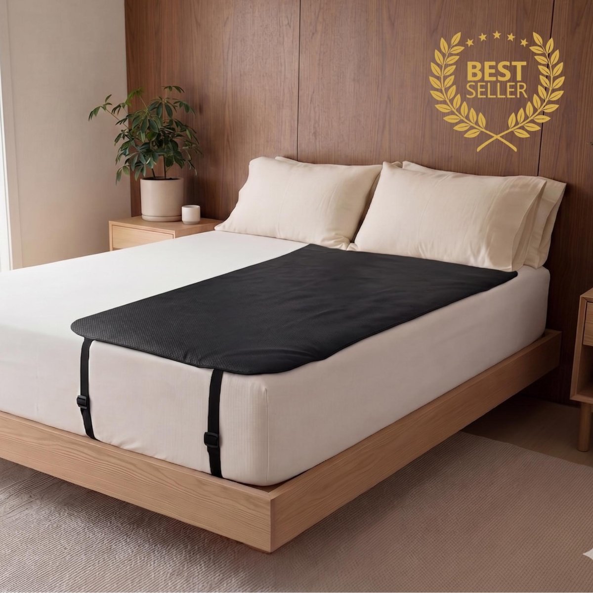 Grounded Kiwi grounding mat on bed, single size earthing mat with adjustable universal straps for flexible placement