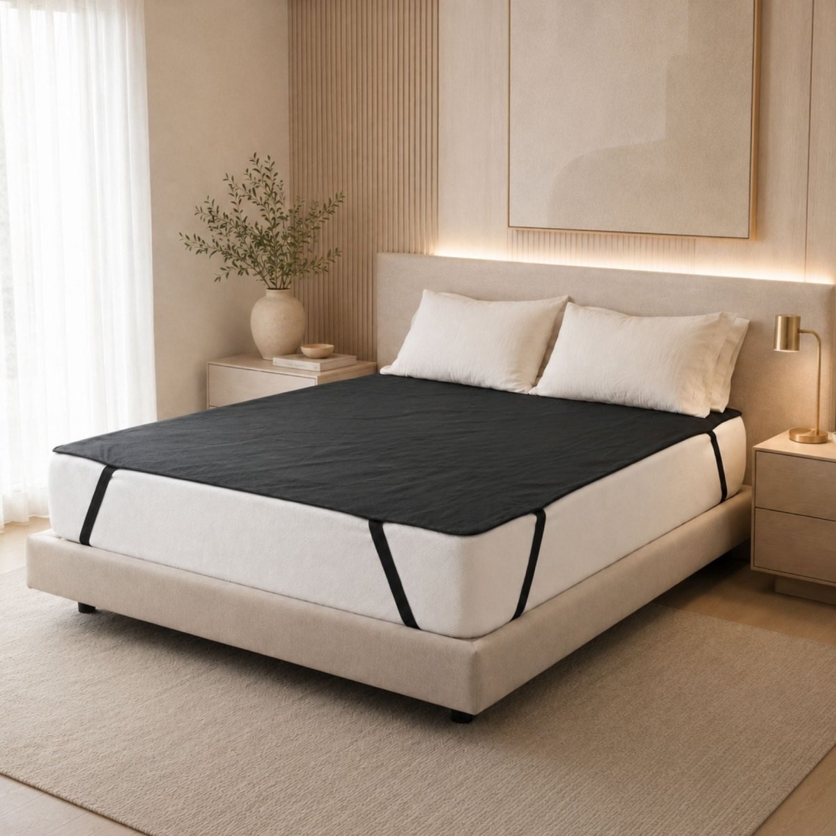 Grounded Kiwi Grounding Mat for your bed to enhance deep sleep. This Queen size earthing mat is placed on top of a mattress in a nice modern bedroom setting. 