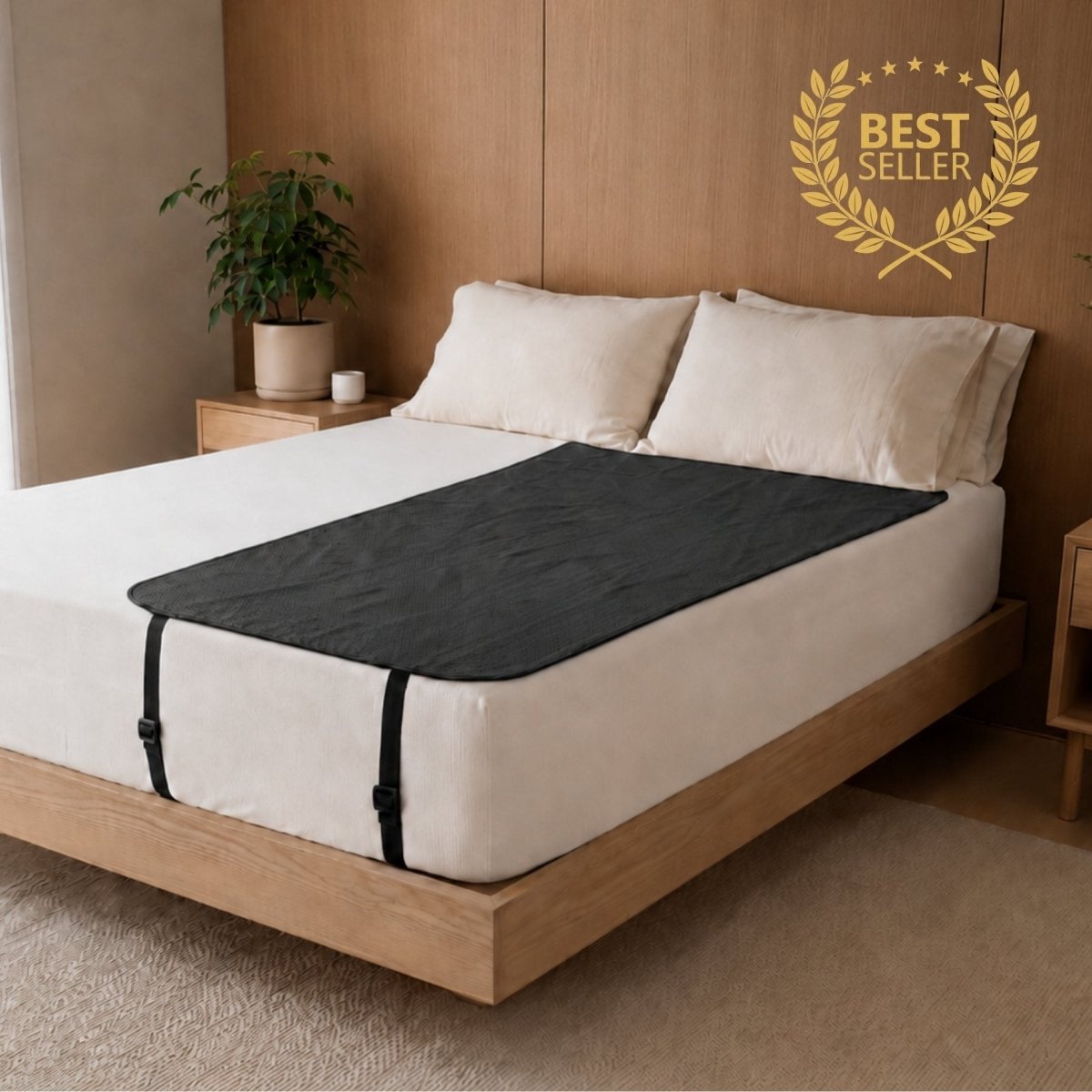 Grounded Kiwi grounding mat on bed, single size earthing mat with adjustable universal straps for flexible placement