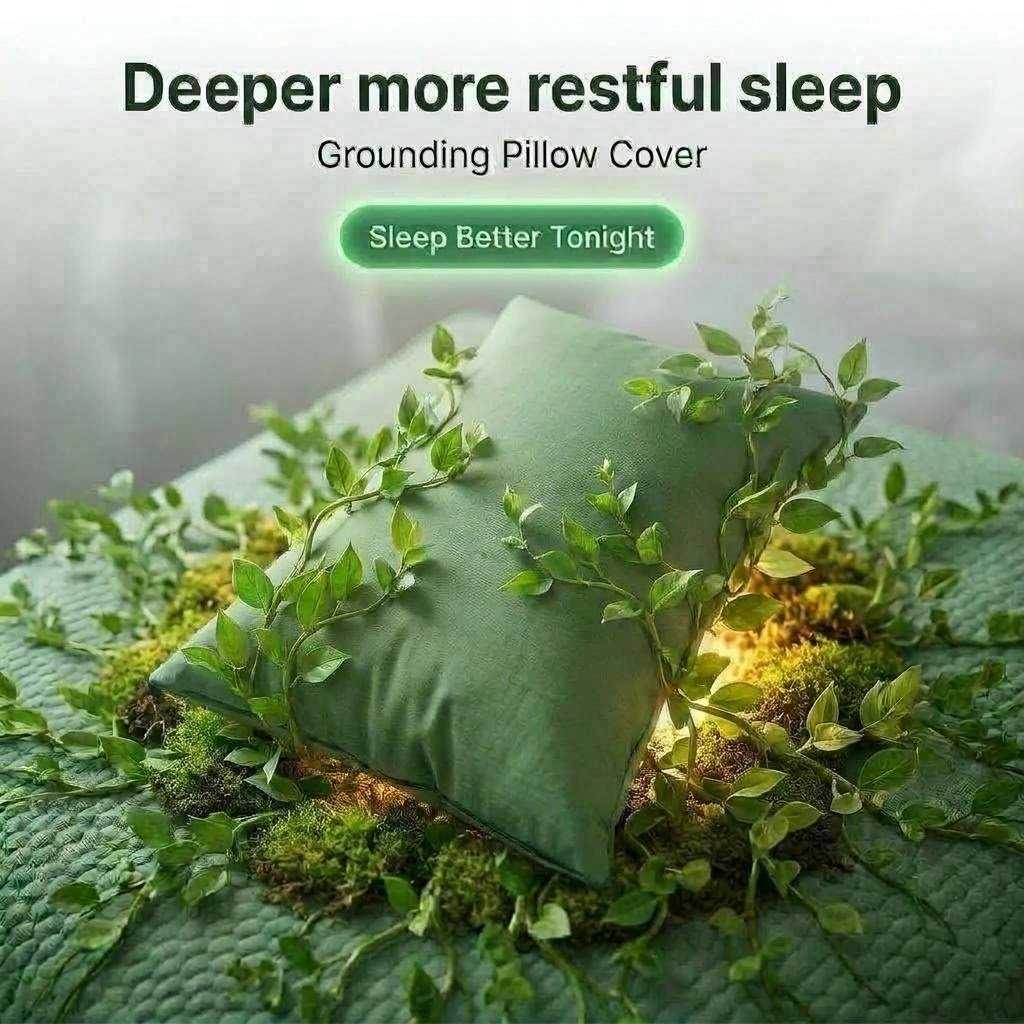 Green grounding pillow cover on a bed with plants and a serene background, promoting better sleep.