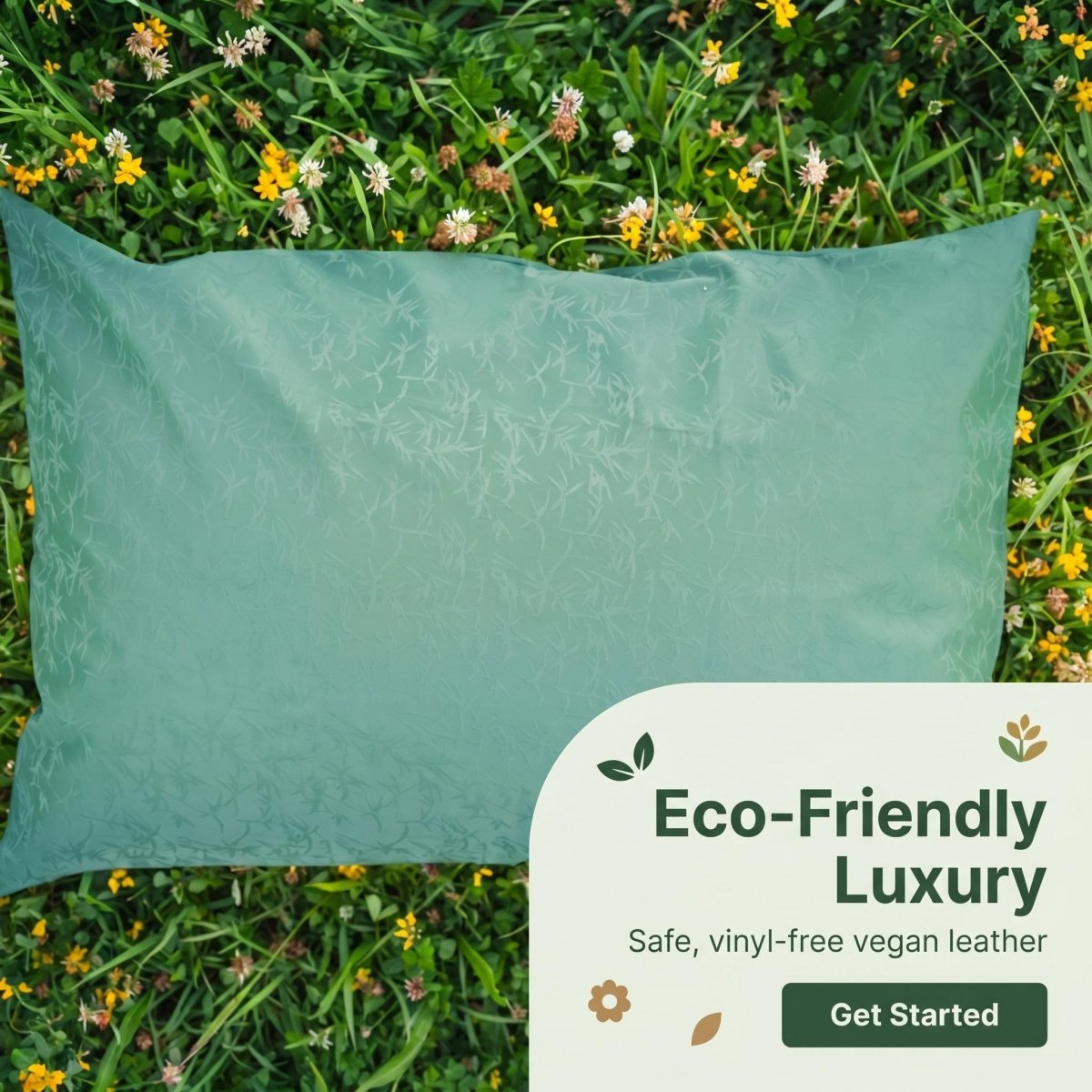 Green grounding pillow on grass with 'Eco-Friendly Luxury' text overlay
