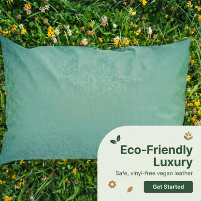 Green grounding pillow on grass with 'Eco-Friendly Luxury' text overlay