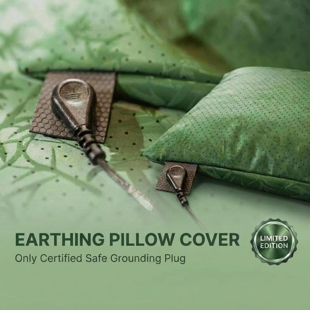 Green grounding pillow cover with certification plug on a green background