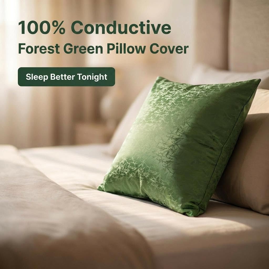 Green grounding pillow cover on a bed with text about conductivity and sleep quality.