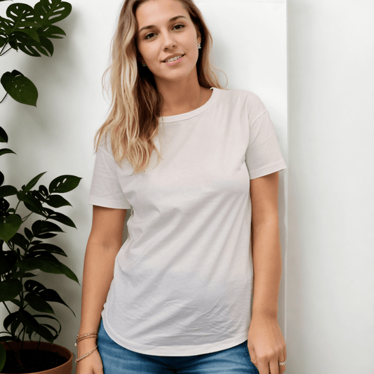 Organic Pima Cotton Tee - Azucena curved hem - Eco White - GroundedKiwi.nz clothingcottoncrew