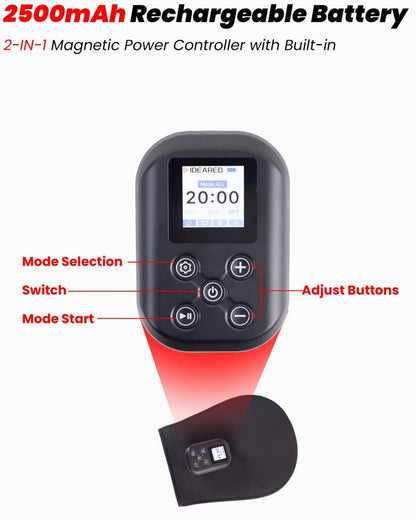 Magnetic controller close-up showing 20:00, with mode, power, start and adjust buttons labelled; 2500mAh battery