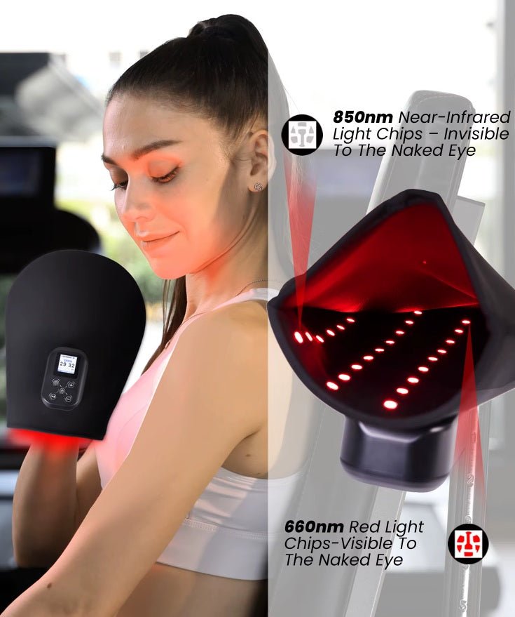 Woman at the gym wearing the black hand wrap, beside its open interior labelled 660nm red and 850nm near-infrared