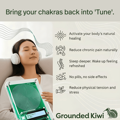 Woman wearing headphones and holding a Schumann wave machine  with text about chakras and Grounded Kiwi branding. 