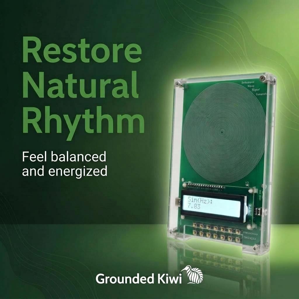 Product with text 'Restore Natural Rhythm' and 'Feel balanced and energized' on a green background, featuring the brand 'Grounded Kiwi'.