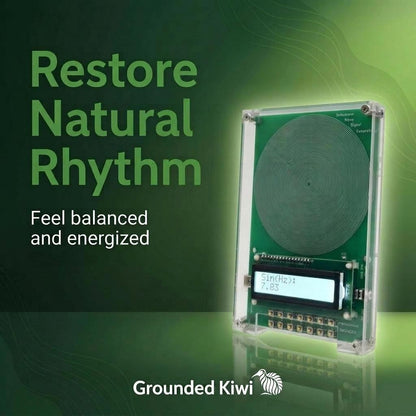 Product with text 'Restore Natural Rhythm' and 'Feel balanced and energized' on a green background, featuring the brand 'Grounded Kiwi'.