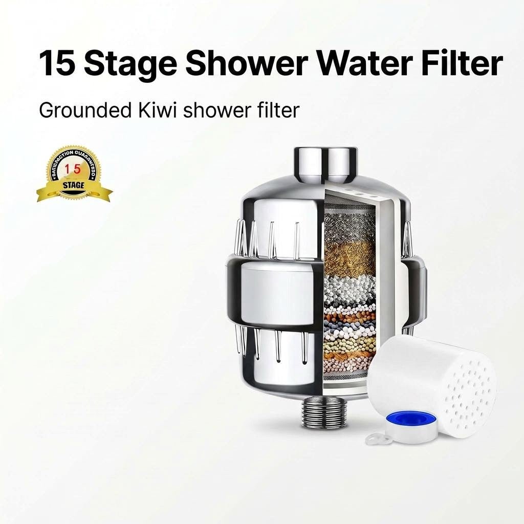 Shower Water Filter 15 Stage with Extra Replacement Cartridge - GroundedKiwi.nzwater filtration water filtrationclean waterfiltersafe water
