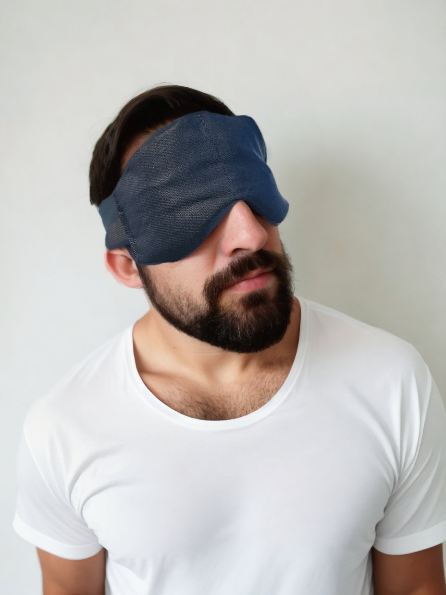 Shungite eyemask. Picture of man wearing the eye mask - Shungite rocks