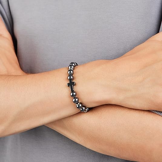 Shungite Stone & Black Hematite Cross Bracelet - GroundedKiwi.nzBracelet Bracelet5ganit radiationbracelet