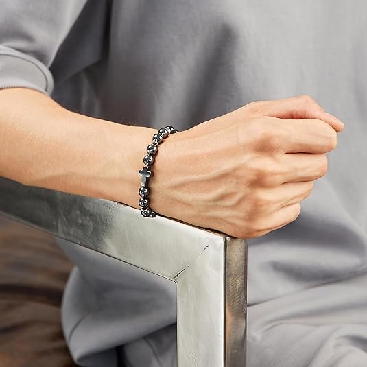 Shungite Stone & Black Hematite Cross Bracelet - GroundedKiwi.nzBracelet Bracelet5ganit radiationbracelet