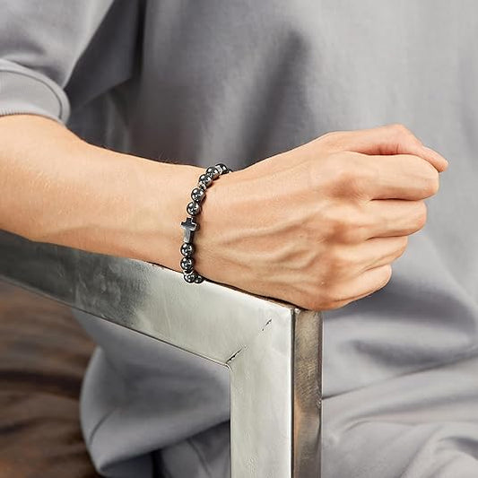 Shungite Stone & Black Hematite Cross Bracelet - GroundedKiwi.nzBracelet Bracelet5ganit radiationbracelet