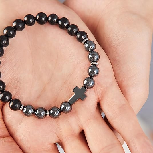 Shungite Stone & Black Hematite Cross Bracelet - GroundedKiwi.nzBracelet Bracelet5ganit radiationbracelet
