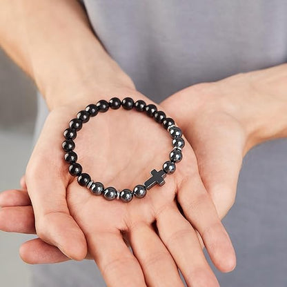 Shungite Stone & Black Hematite Cross Bracelet - GroundedKiwi.nzBracelet Bracelet5ganit radiationbracelet